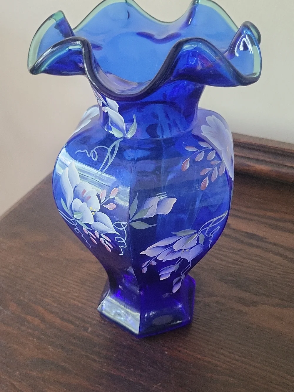 Fenton Cobalt Blue Hand-Painted Floral Ruffled Vintage Vase